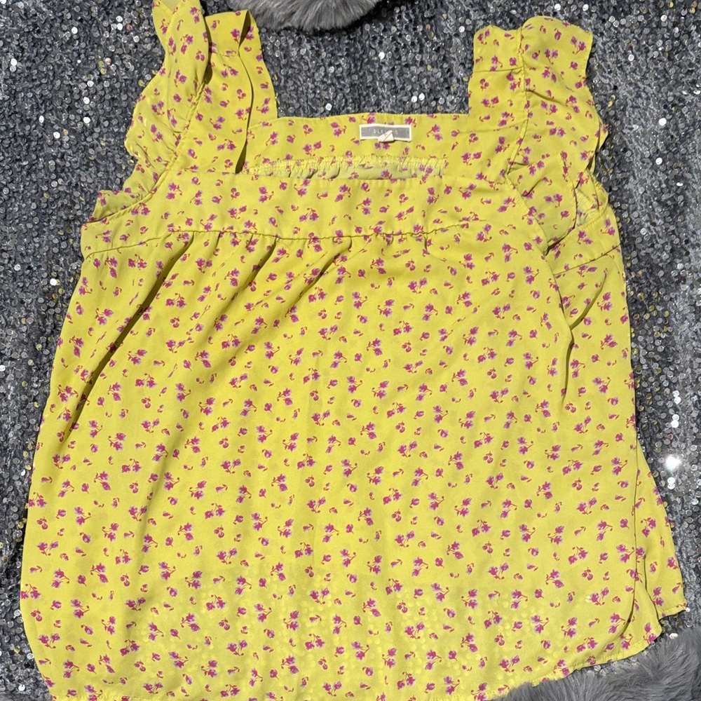 Pleione Bright Yellow Top with Pink Floral Design
